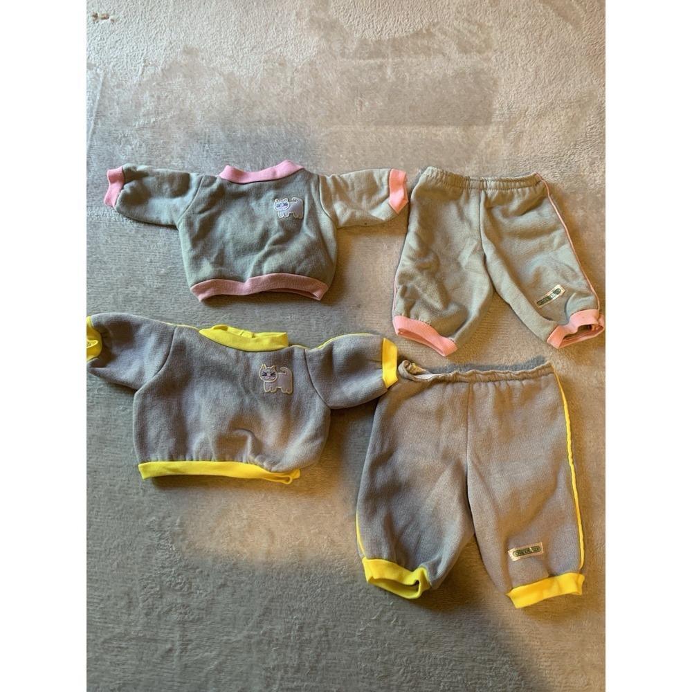 2 Vintage Cabbage Patch Kids CPK Clothes - Grey Yellow Pink Cat Sweatsuit